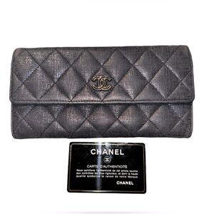 Chanel Navy Metallic Leather Long Wallet